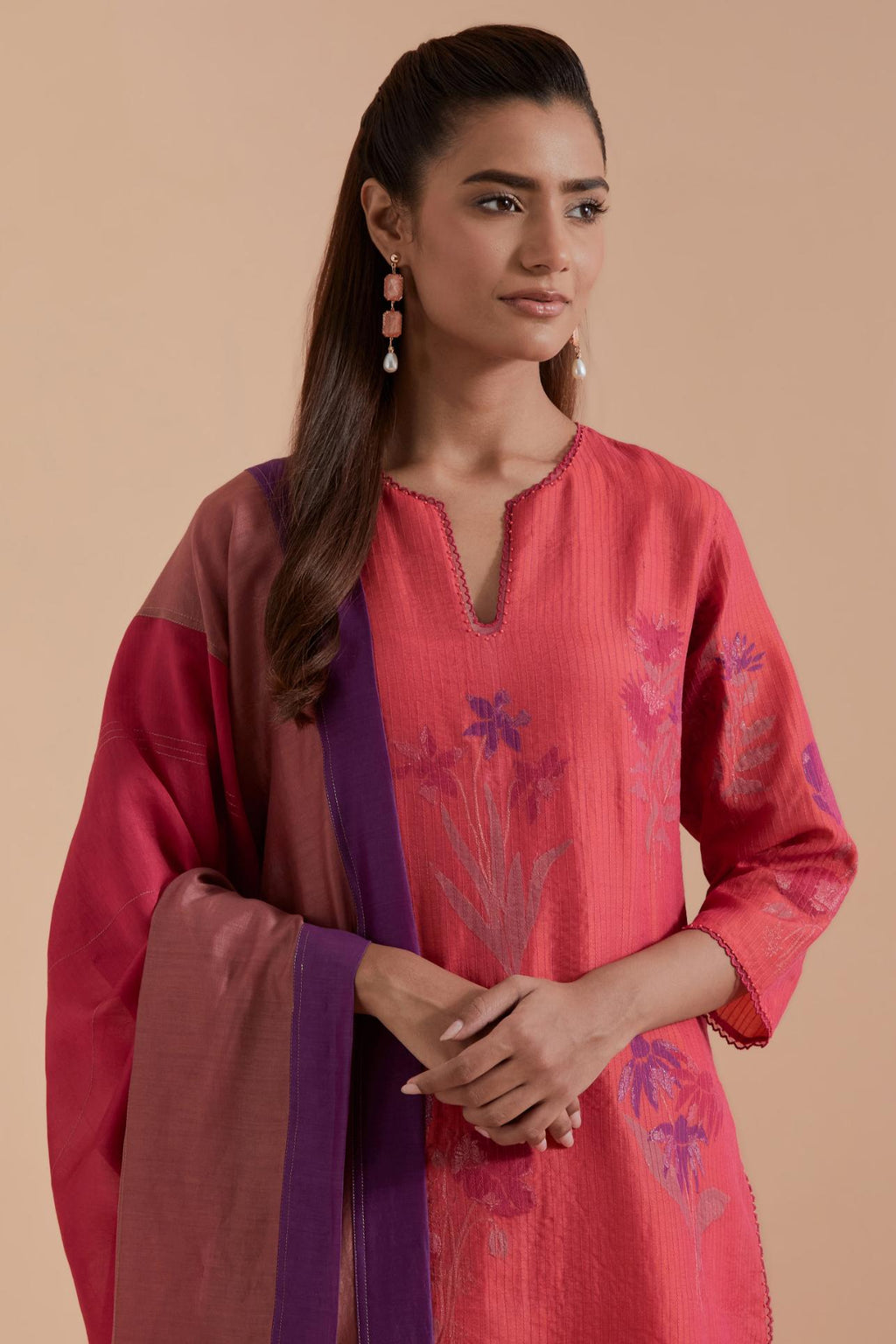 Carrot pink Silk Chanderi Quilted Organza & Brocade Floral Appliqué straight long Kurta set.