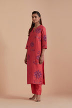 Silk Chanderi Quilted Organza & Brocade Floral Appliqué straight long Kurta set.