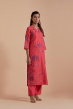 Silk Chanderi Quilted Organza & Brocade Floral Appliqué straight long Kurta set.