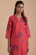 Silk Chanderi Quilted Organza & Brocade Floral Appliqué straight long Kurta set.