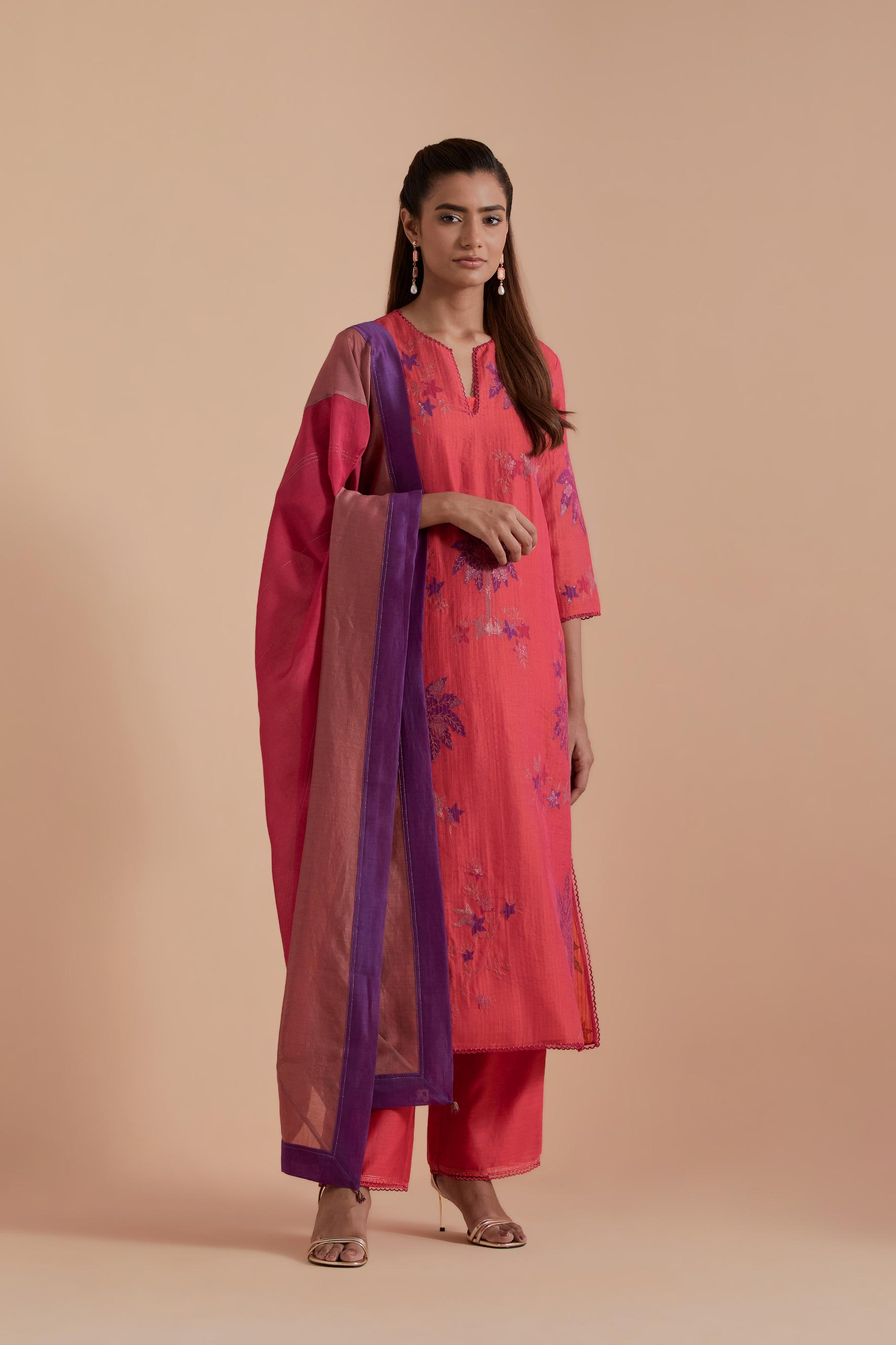 Silk Chanderi Quilted Organza & Brocade Floral Appliqué straight long Kurta set.