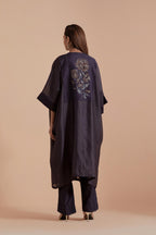 Dark Grey Silk Chanderi kaftan with Quilted Organza & Brocade Floral Appliqué Yoke. Paired with Dark Grey silk chanderi straight pants.