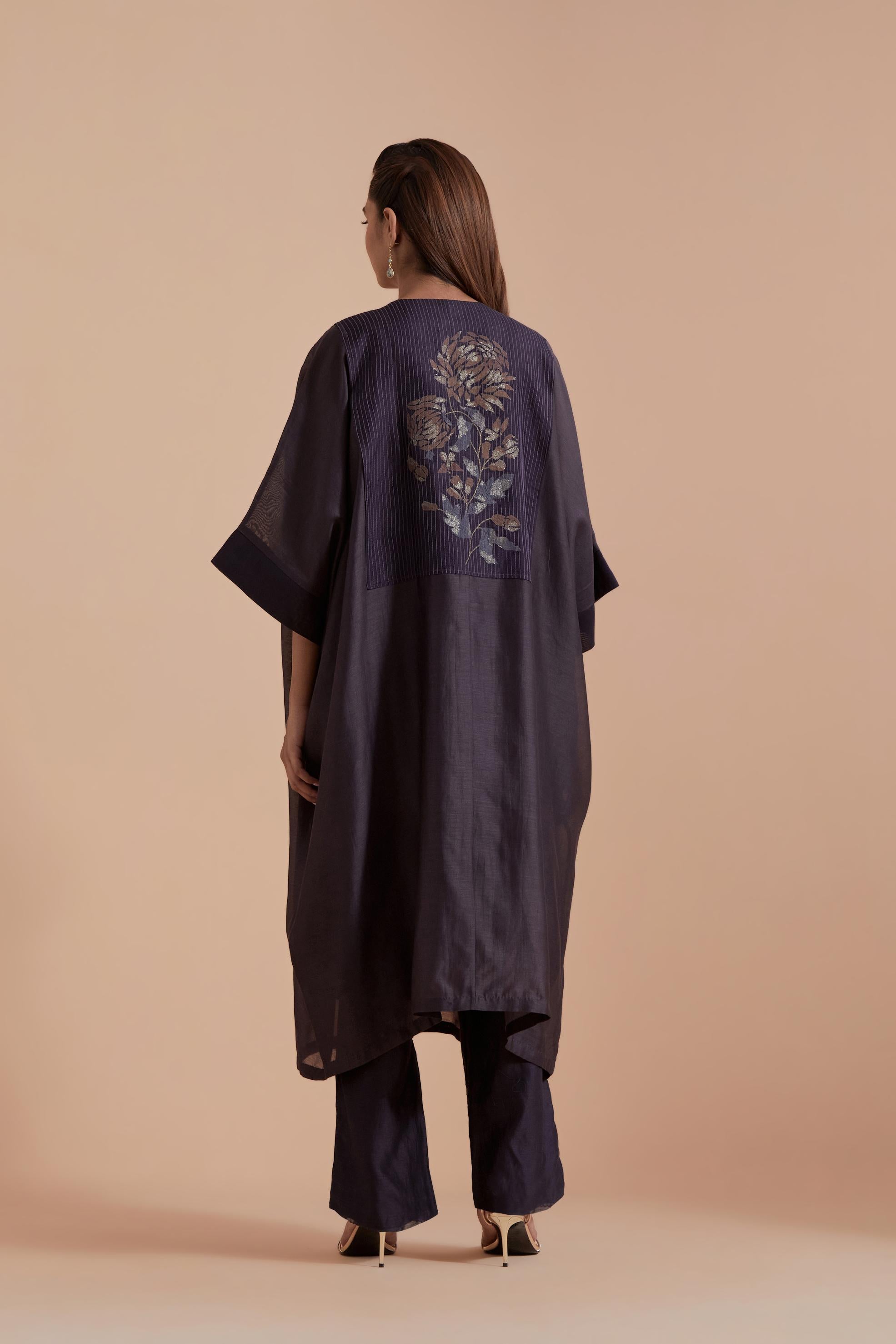 Dark Grey Silk Chanderi kaftan with Quilted Organza & Brocade Floral Appliqué Yoke. Paired with Dark Grey silk chanderi straight pants.