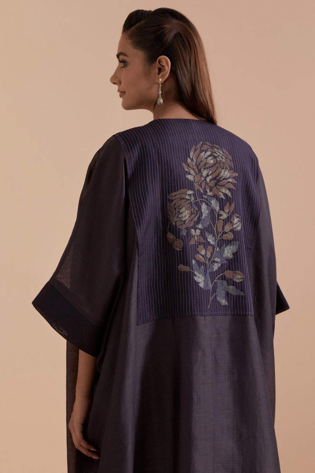 Dark Grey Silk Chanderi kaftan with Quilted Organza & Brocade Floral Appliqué Yoke. Paired with Dark Grey silk chanderi straight pants.