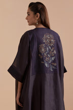 Dark Grey Silk Chanderi kaftan with Quilted Organza & Brocade Floral Appliqué Yoke. Paired with Dark Grey silk chanderi straight pants.