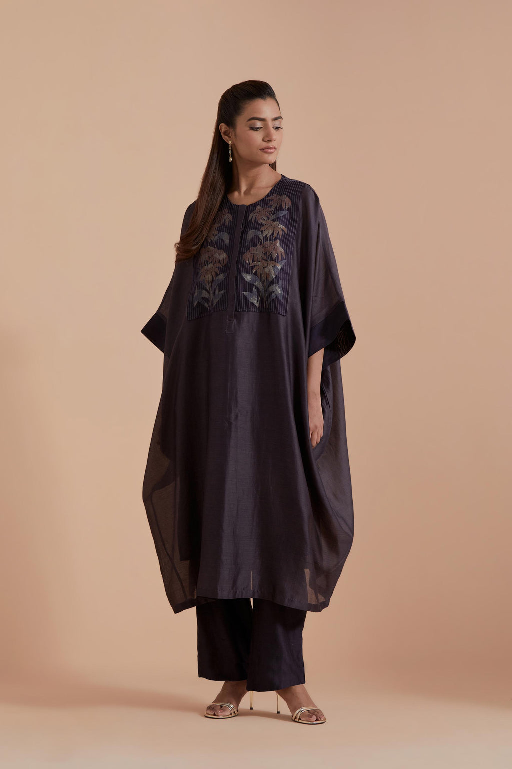 Dark Grey Silk Chanderi kaftan with Quilted Organza & Brocade Floral Appliqué Yoke. Paired with Dark Grey silk chanderi straight pants.