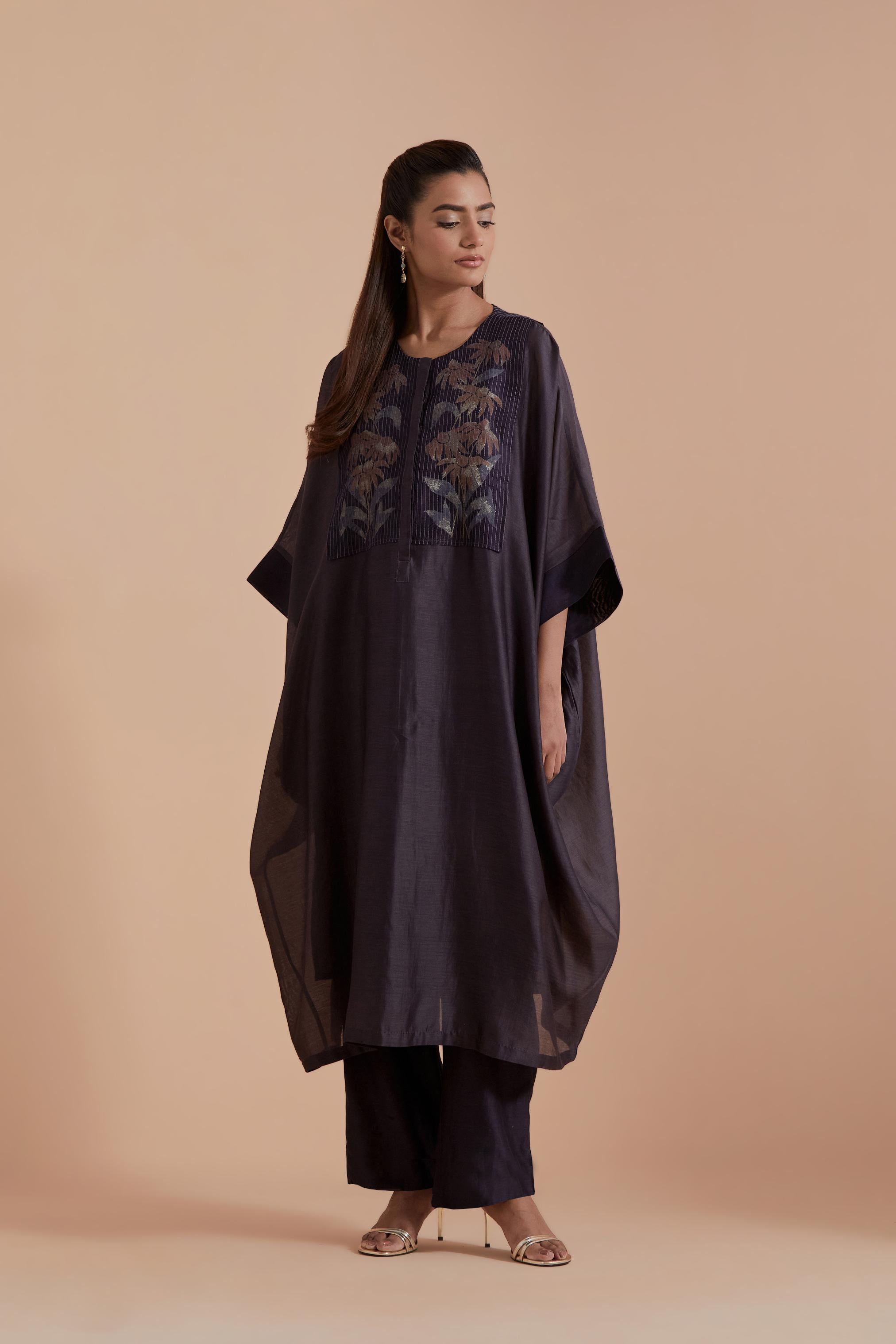 Dark Grey Silk Chanderi kaftan with Quilted Organza & Brocade Floral Appliqué Yoke. Paired with Dark Grey silk chanderi straight pants.