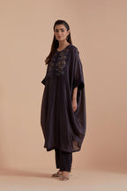 Dark Grey Silk Chanderi kaftan with Quilted Organza & Brocade Floral Appliqué Yoke. Paired with Dark Grey silk chanderi straight pants.