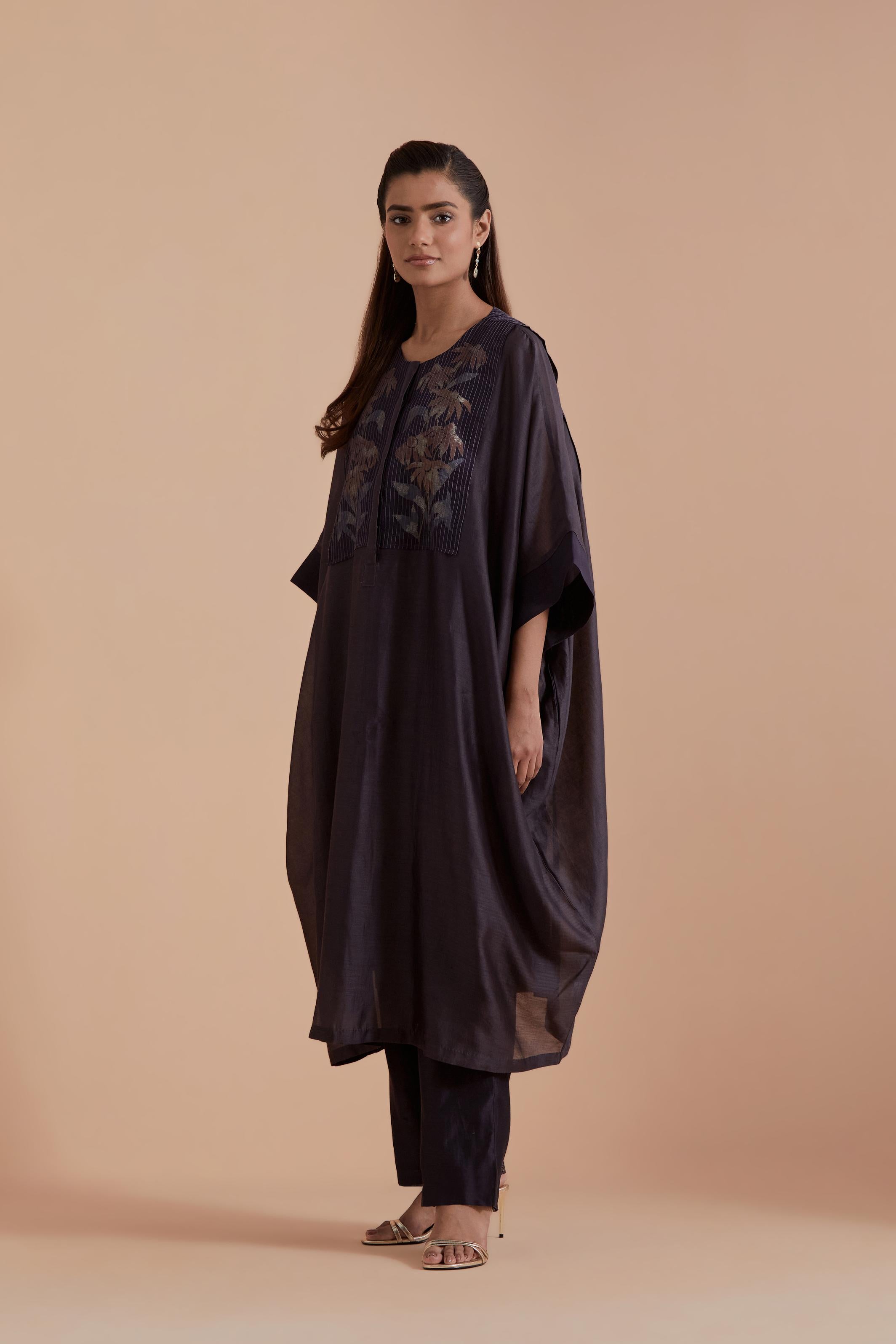 Dark Grey Silk Chanderi kaftan with Quilted Organza & Brocade Floral Appliqué Yoke. Paired with Dark Grey silk chanderi straight pants.