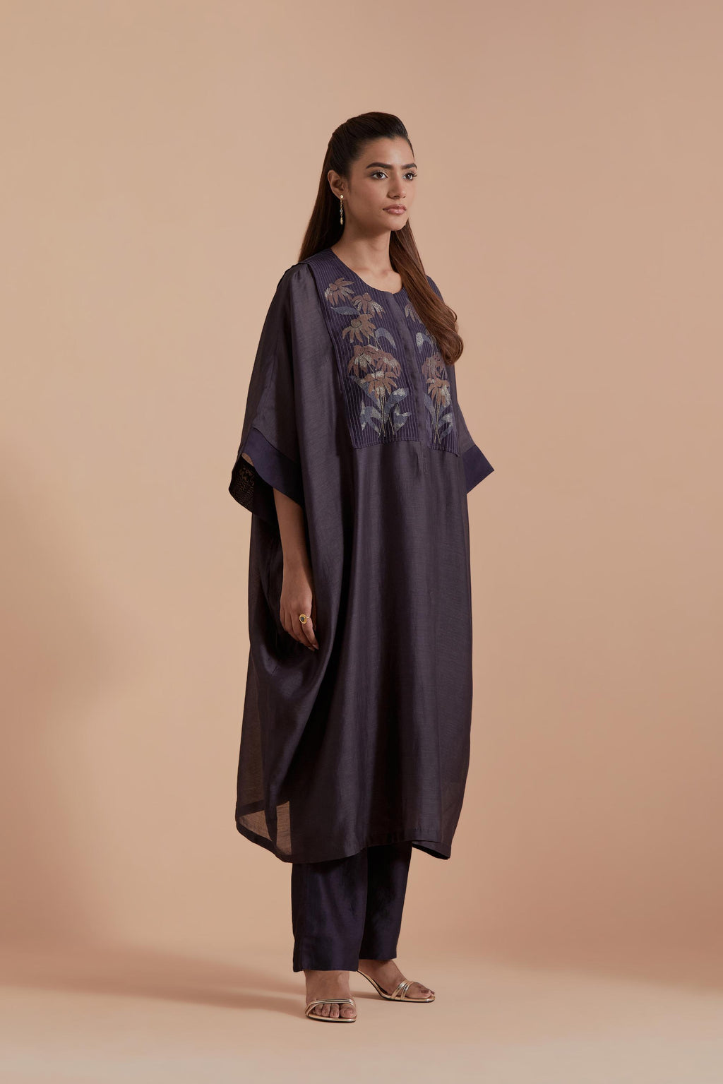 Dark Grey Silk Chanderi kaftan with Quilted Organza & Brocade Floral Appliqué Yoke. Paired with Dark Grey silk chanderi straight pants.