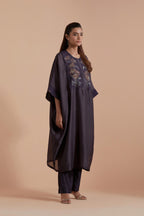 Dark Grey Silk Chanderi kaftan with Quilted Organza & Brocade Floral Appliqué Yoke. Paired with Dark Grey silk chanderi straight pants.