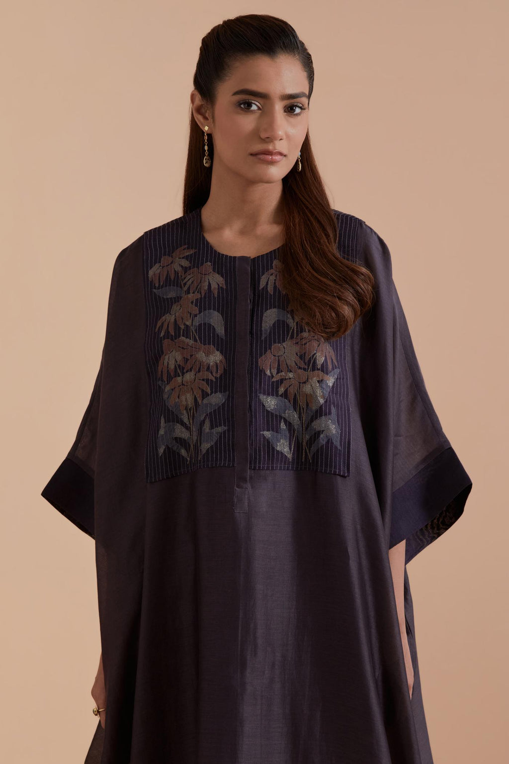 Dark Grey Silk Chanderi kaftan with Quilted Organza & Brocade Floral Appliqué Yoke. Paired with Dark Grey silk chanderi straight pants.