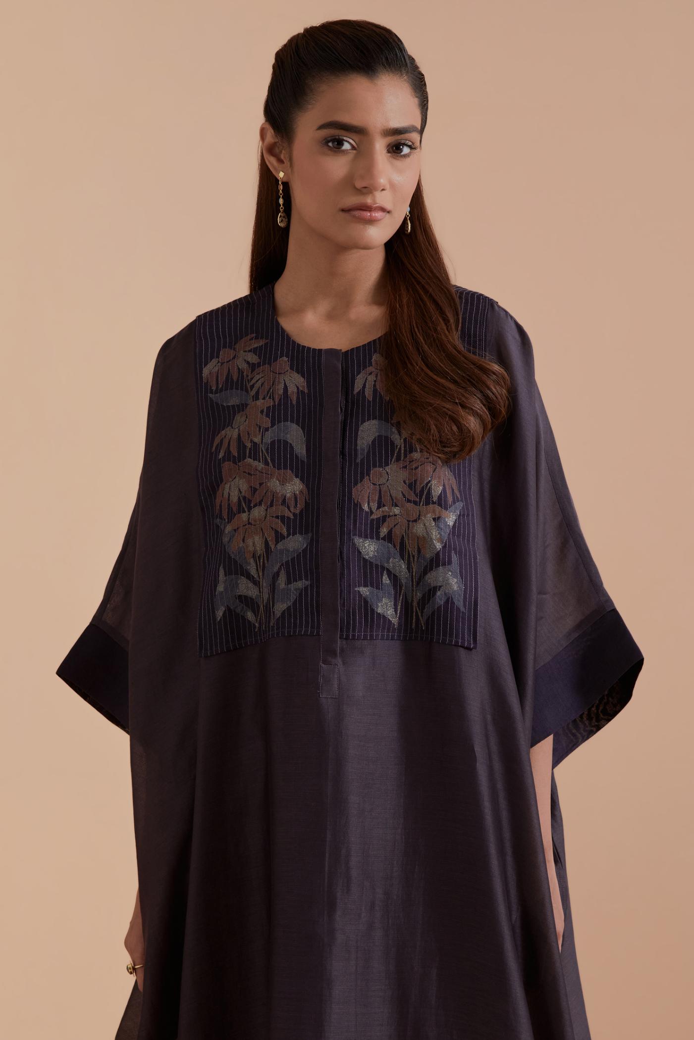 Dark Grey Silk Chanderi kaftan with Quilted Organza & Brocade Floral Appliqué Yoke. Paired with Dark Grey silk chanderi straight pants.
