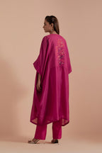 Fuchsia Silk Chanderi kaftan with Quilted Organza & Brocade Floral Appliqué Yoke. Paired with fuchsia silk chanderi straight pants.