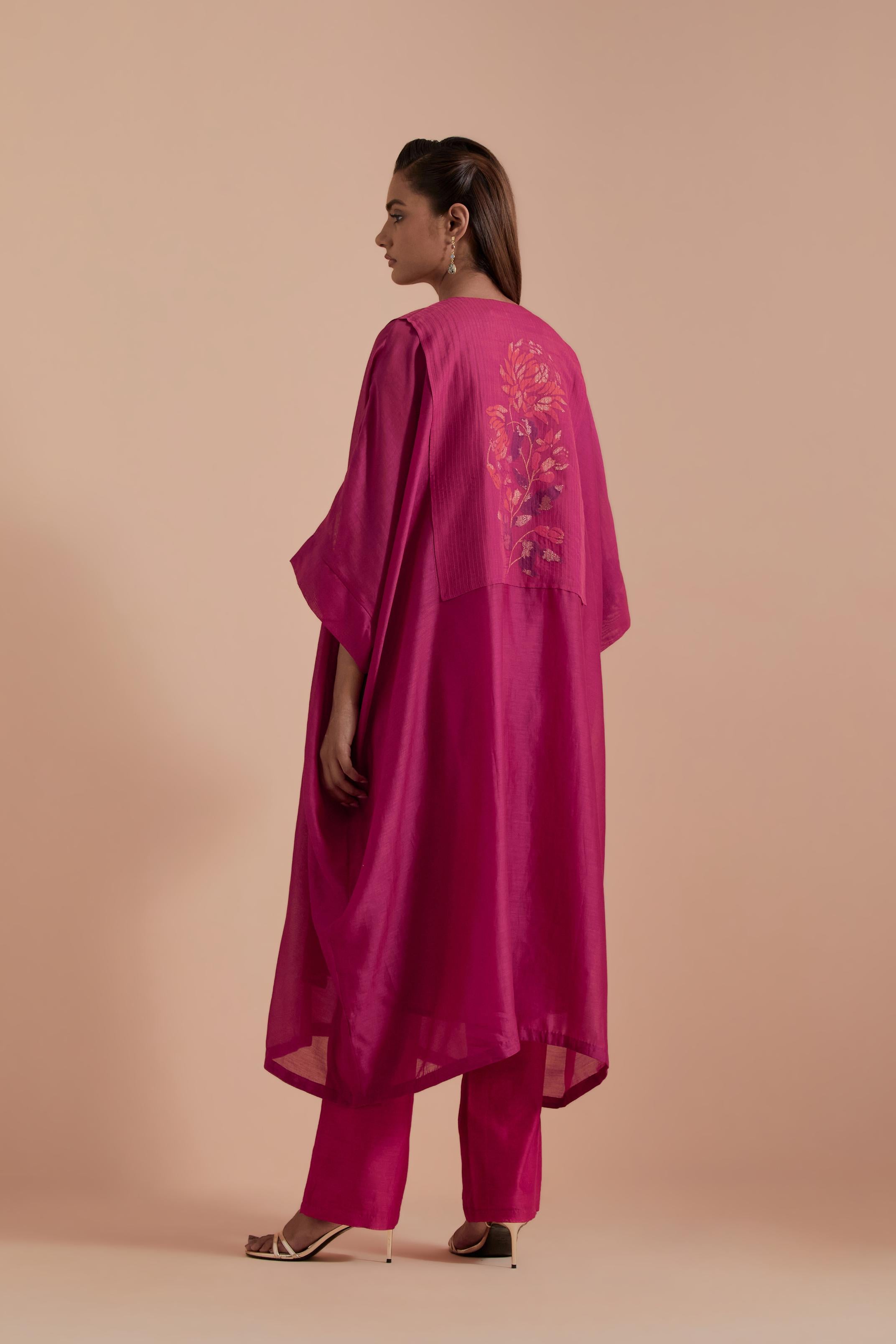Fuchsia Silk Chanderi kaftan with Quilted Organza & Brocade Floral Appliqué Yoke. Paired with fuchsia silk chanderi straight pants.