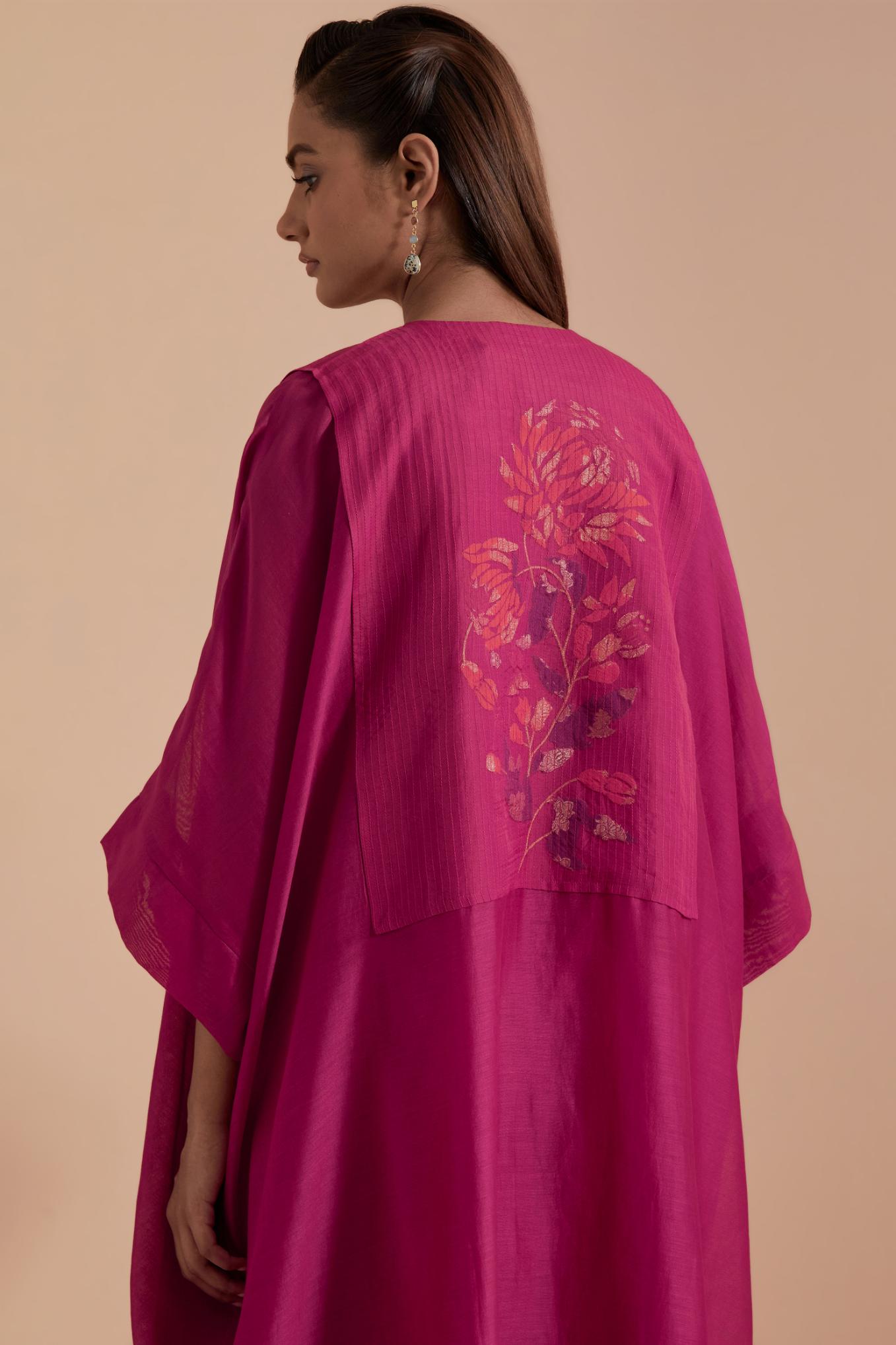 Fuchsia Silk Chanderi kaftan with Quilted Organza & Brocade Floral Appliqué Yoke. Paired with fuchsia silk chanderi straight pants.