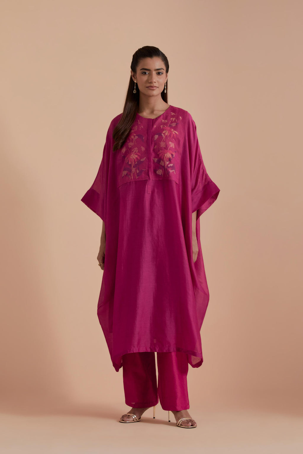 Fuchsia Silk Chanderi kaftan with Quilted Organza & Brocade Floral Appliqué Yoke. Paired with fuchsia silk chanderi straight pants.
