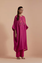Fuchsia Silk Chanderi kaftan with Quilted Organza & Brocade Floral Appliqué Yoke. Paired with fuchsia silk chanderi straight pants.
