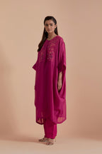 Fuchsia Silk Chanderi kaftan with Quilted Organza & Brocade Floral Appliqué Yoke. Paired with fuchsia silk chanderi straight pants.