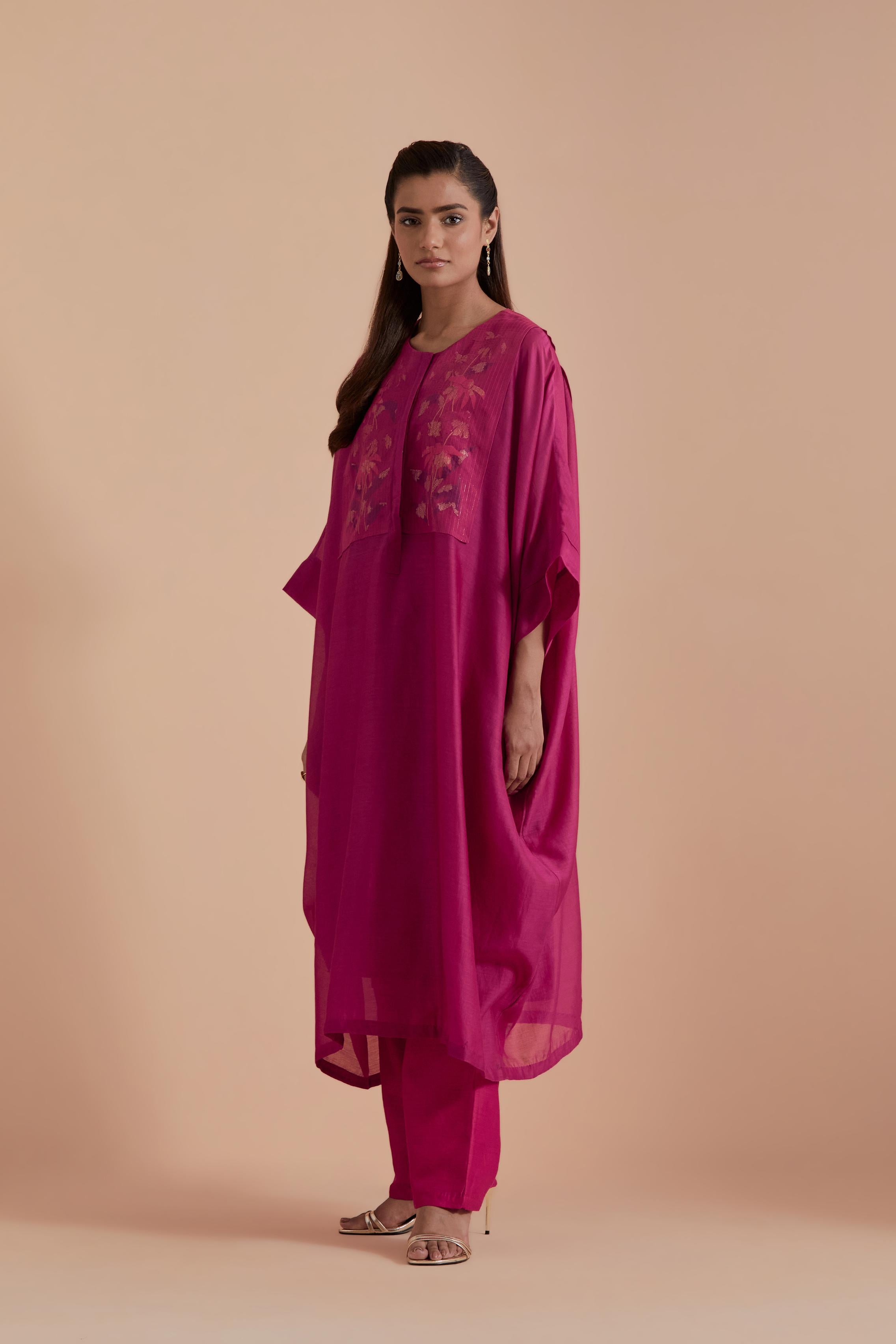 Fuchsia Silk Chanderi kaftan with Quilted Organza & Brocade Floral Appliqué Yoke. Paired with fuchsia silk chanderi straight pants.