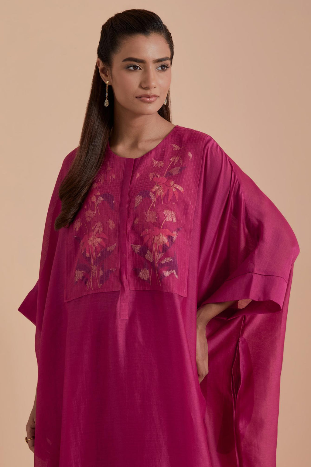 Fuchsia Silk Chanderi kaftan with Quilted Organza & Brocade Floral Appliqué Yoke. Paired with fuchsia silk chanderi straight pants.