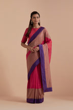 A silk Chanderi three-tone Carrot pink saree in a beautiful gradient effect featuring delicate golden zari quilting all over. Paired with Carrot pink silk Chanderi Quilted Organza & Brocade Floral Appliqué blouse.