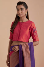 Carrot pink silk Chanderi Quilted Organza & Brocade Floral Appliqué blouse.