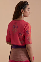 Carrot pink silk Chanderi Quilted Organza & Brocade Floral Appliqué blouse.