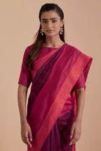 A silk Chanderi three-tone fuchsia saree in a beautiful gradient effect featuring delicate golden zari quilting all over. Paired with Fuchsia silk Chanderi Quilted Organza & Brocade Floral Appliqué blouse.