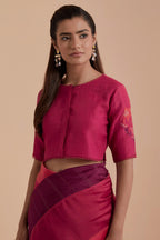 Fuchsia silk Chanderi Quilted Organza & Brocade Floral Appliqué blouse.