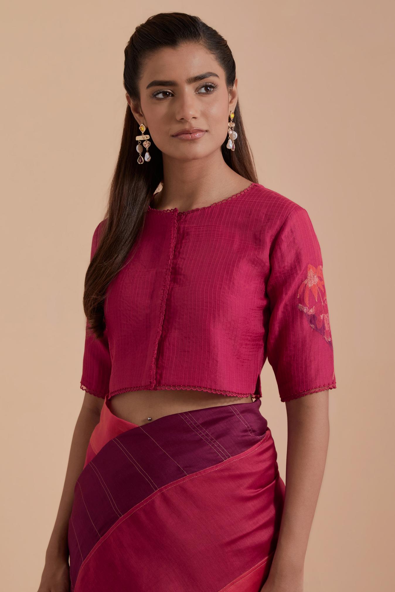 Fuchsia silk Chanderi Quilted Organza & Brocade Floral Appliqué blouse.