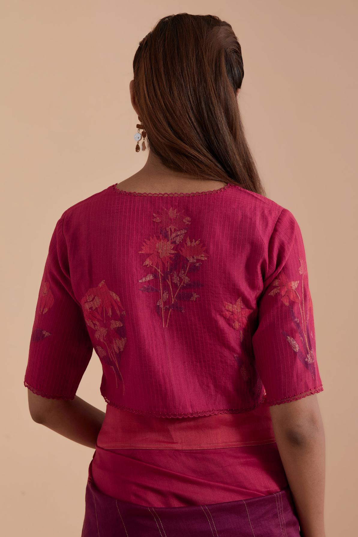 Fuchsia silk Chanderi Quilted Organza & Brocade Floral Appliqué blouse.
