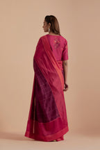 A silk Chanderi three-tone fuchsia saree in a beautiful gradient effect featuring delicate golden zari quilting all over. Paired with Fuchsia silk Chanderi Quilted Organza & Brocade Floral Appliqué blouse.