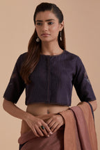 Dark grey silk Chanderi Quilted Organza & Brocade Floral Appliqué blouse.