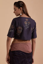 Dark grey silk Chanderi Quilted Organza & Brocade Floral Appliqué blouse.