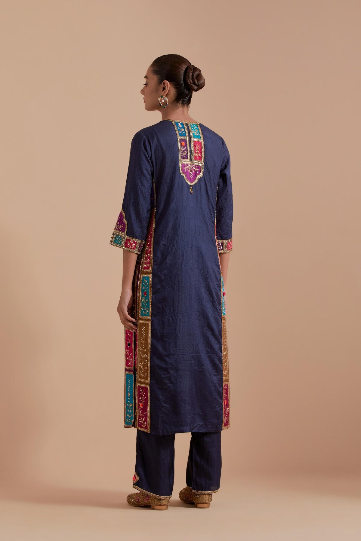 Indigo Silk Kurta set with Multicoloured Appliqué & Handwork.
