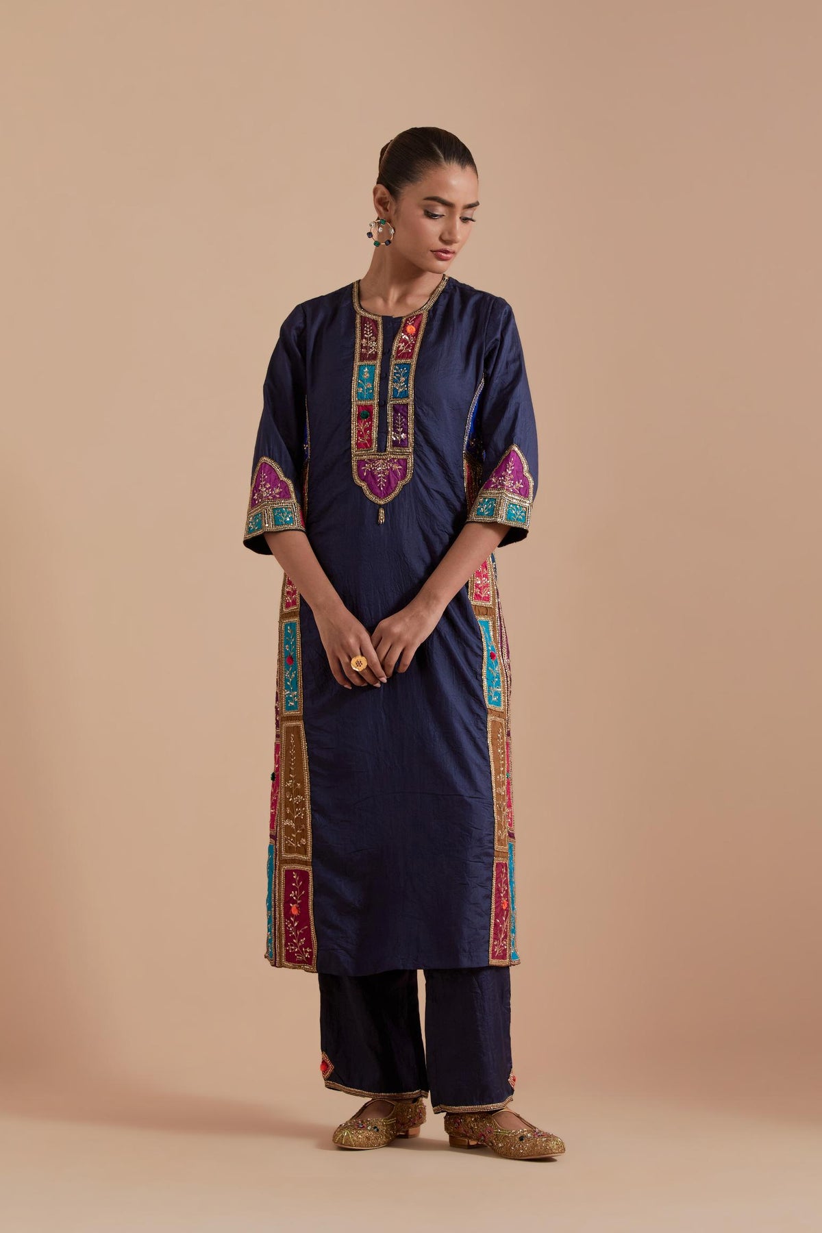 Indigo Silk Kurta set with Multicoloured Appliqué & Handwork.