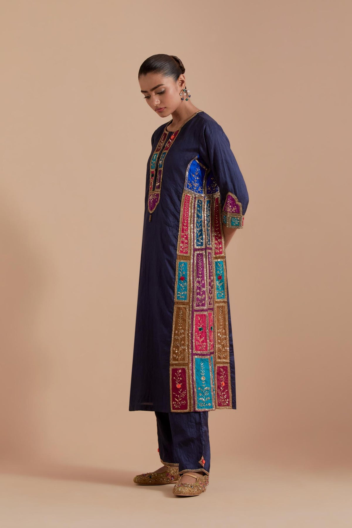 Indigo Silk Kurta set with Multicoloured Appliqué & Handwork.