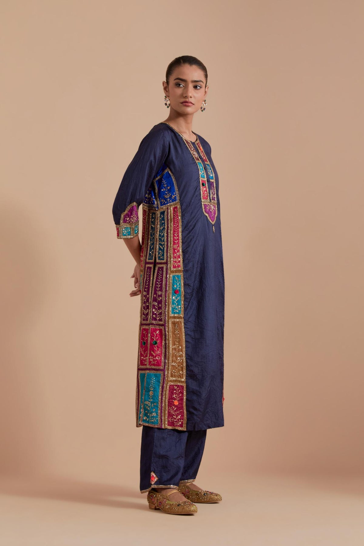 Indigo Silk Kurta set with Multicoloured Appliqué & Handwork.