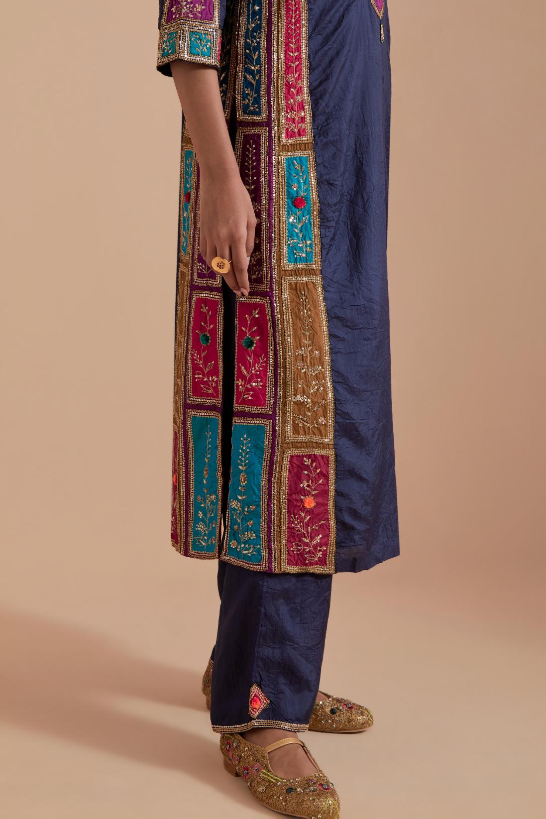 Indigo Silk Kurta set with Multicoloured Appliqué & Handwork.
