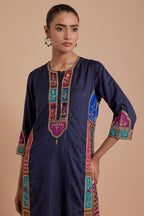 Indigo Silk Kurta set with Multicoloured Appliqué & Handwork.