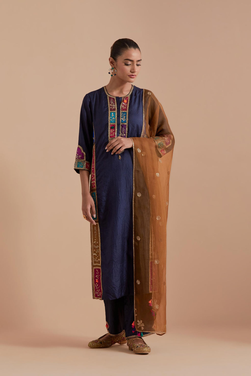 Indigo Silk Kurta set with Multicoloured Appliqué & Handwork.