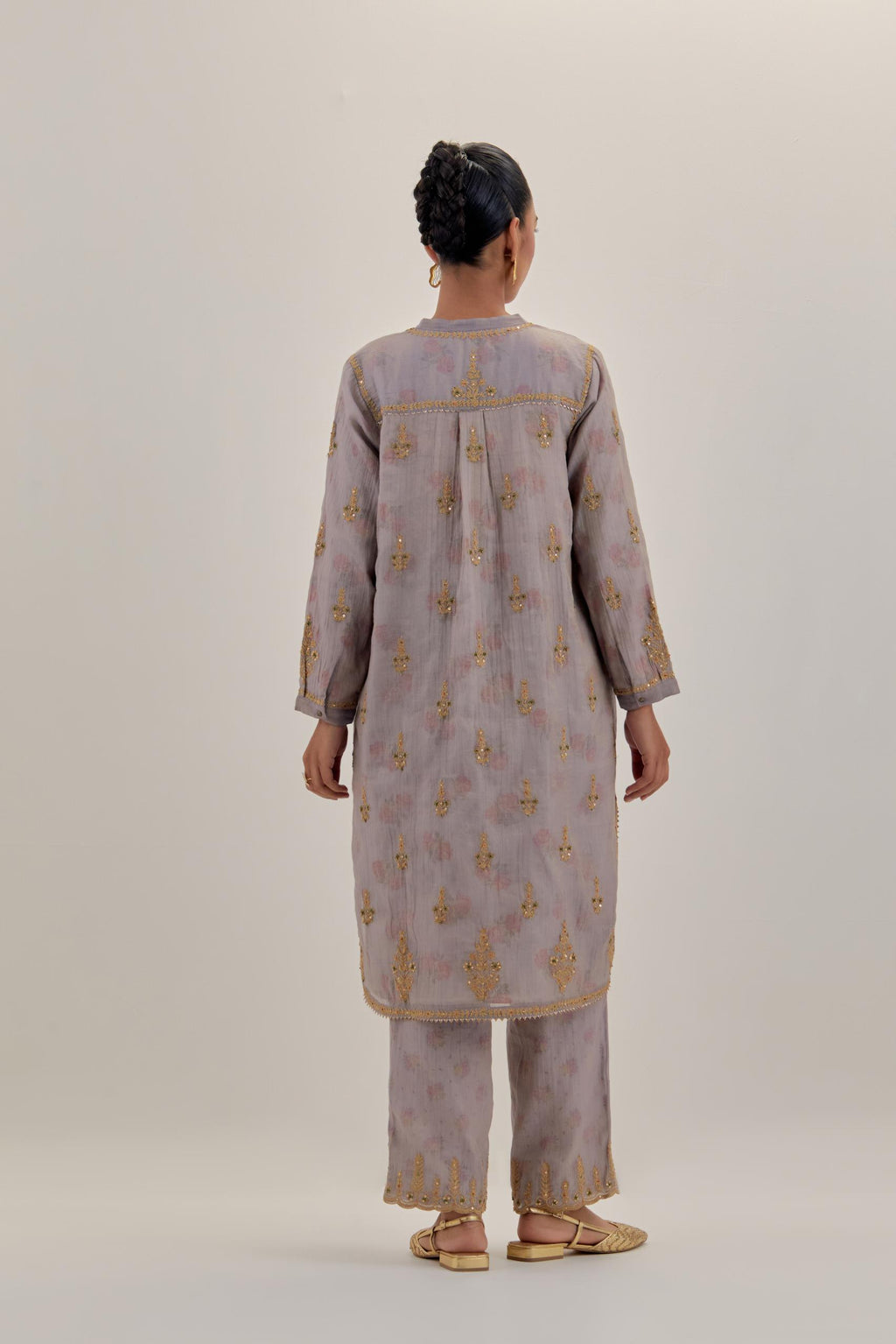 Lilac tissue chanderi straight short kurta set with all-over light gold dori embroidery.