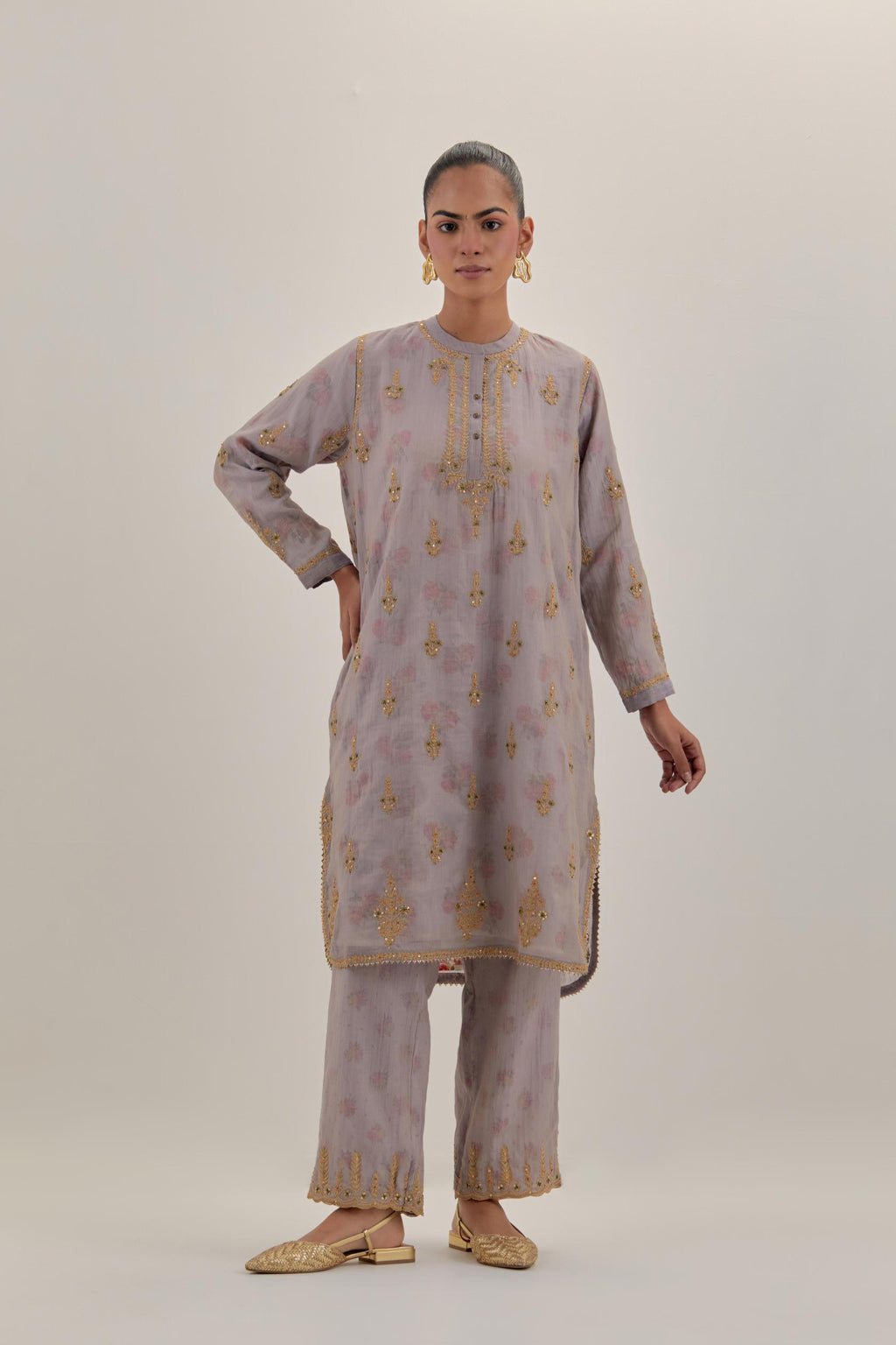 Lilac tissue chanderi straight short kurta set with all-over light gold dori embroidery.