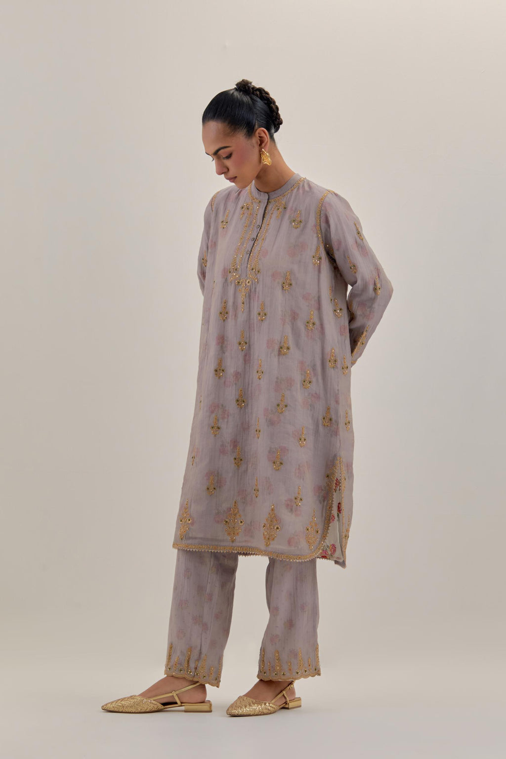 Lilac tissue chanderi straight short kurta set with all-over light gold dori embroidery.