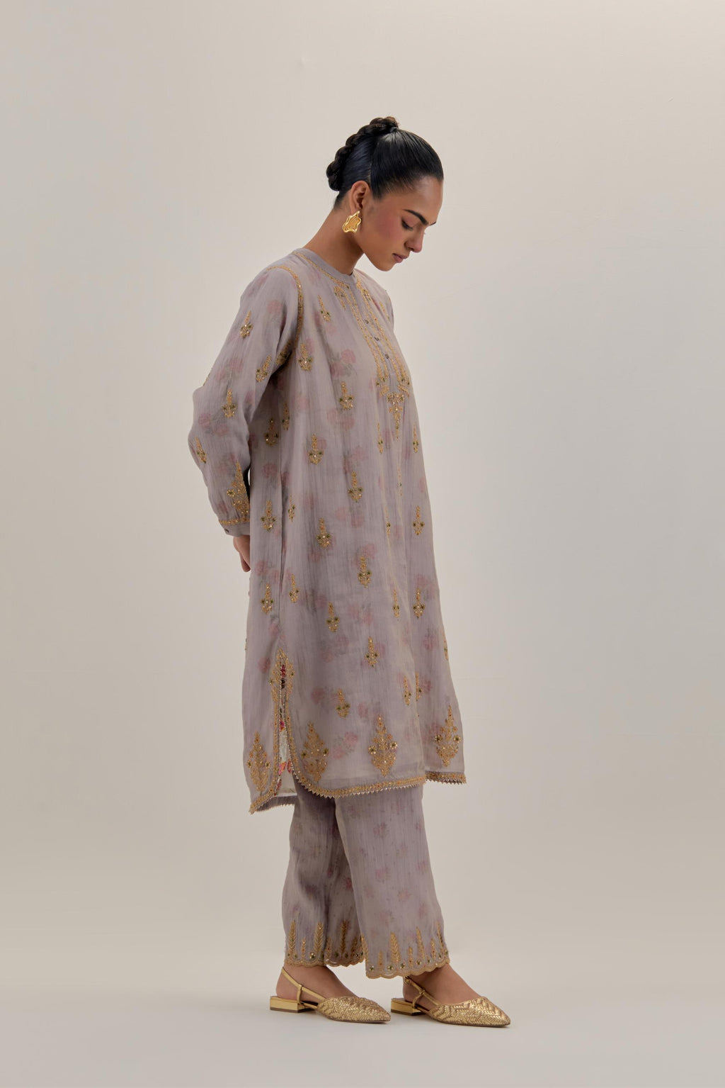 Lilac tissue chanderi straight short kurta set with all-over light gold dori embroidery.