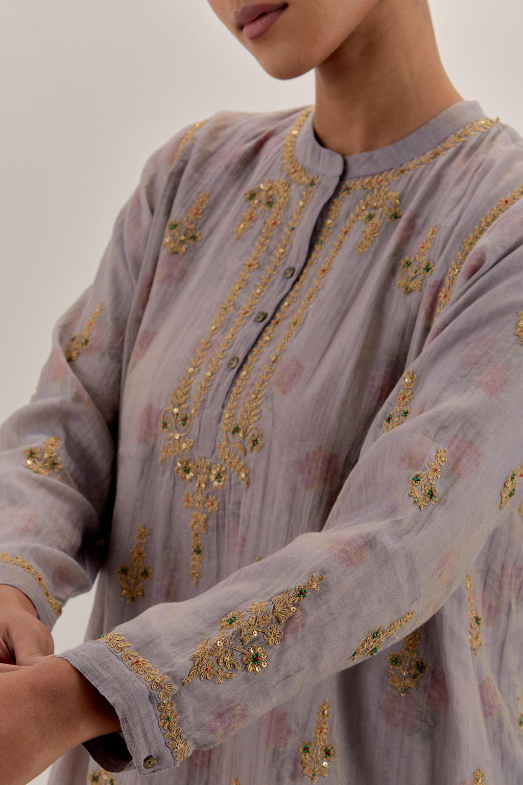 Lilac tissue chanderi straight short kurta set with all-over light gold dori embroidery.