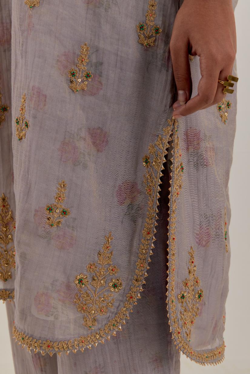 Lilac tissue chanderi straight short kurta set with all-over light gold dori embroidery.