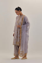 Lilac tissue chanderi straight short kurta set with all-over light gold dori embroidery.