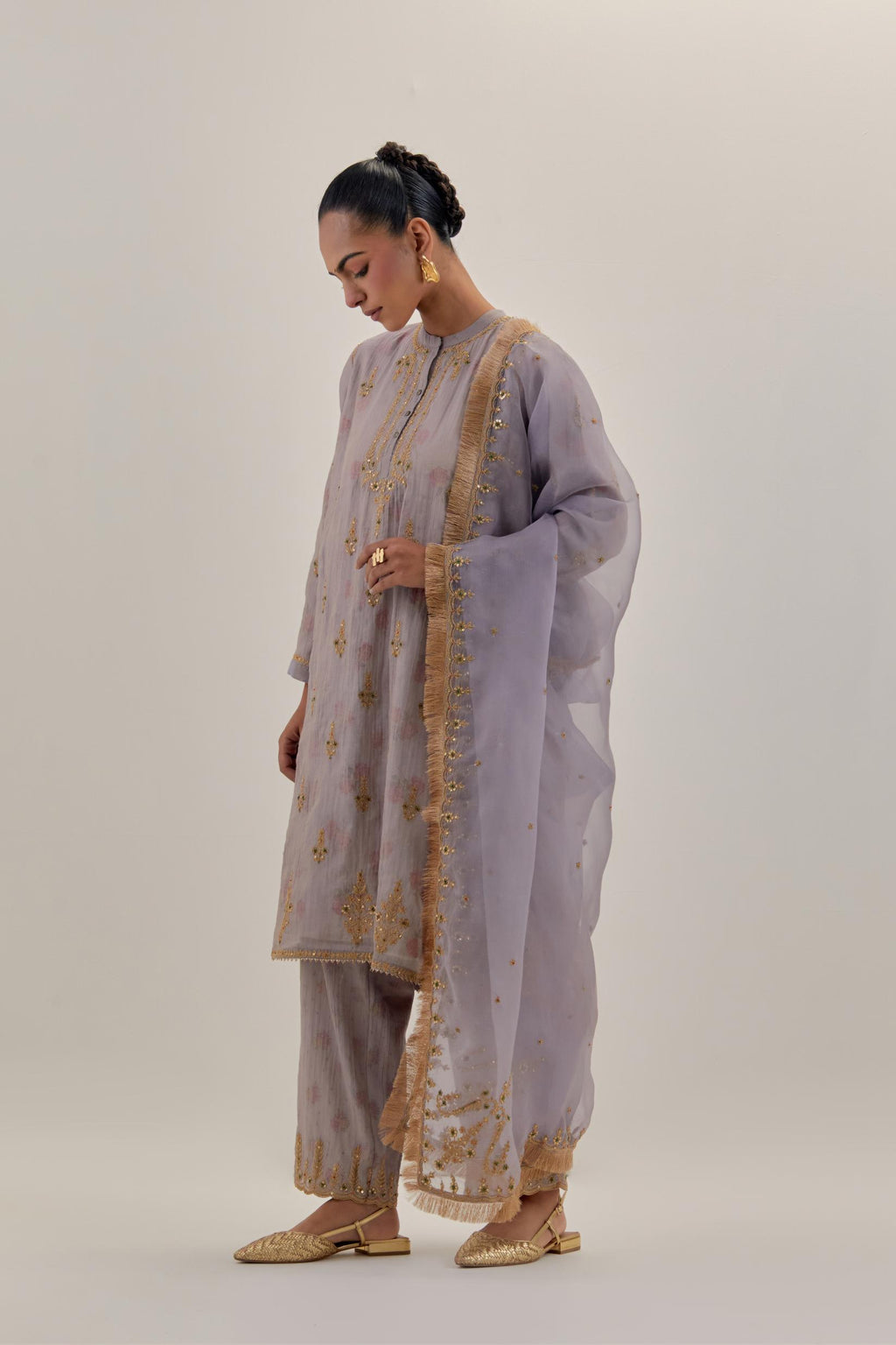 Lilac tissue chanderi straight short kurta set with all-over light gold dori embroidery.